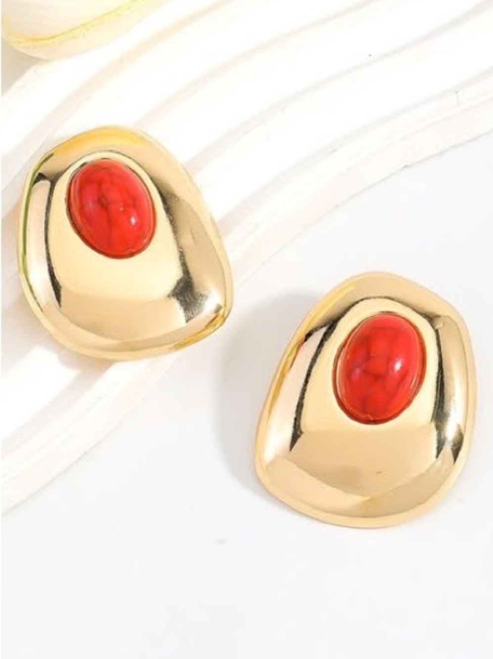 Anthropologie Gold-Tone Statement Earrings with Red Cabochon - Picture 4 of 6
